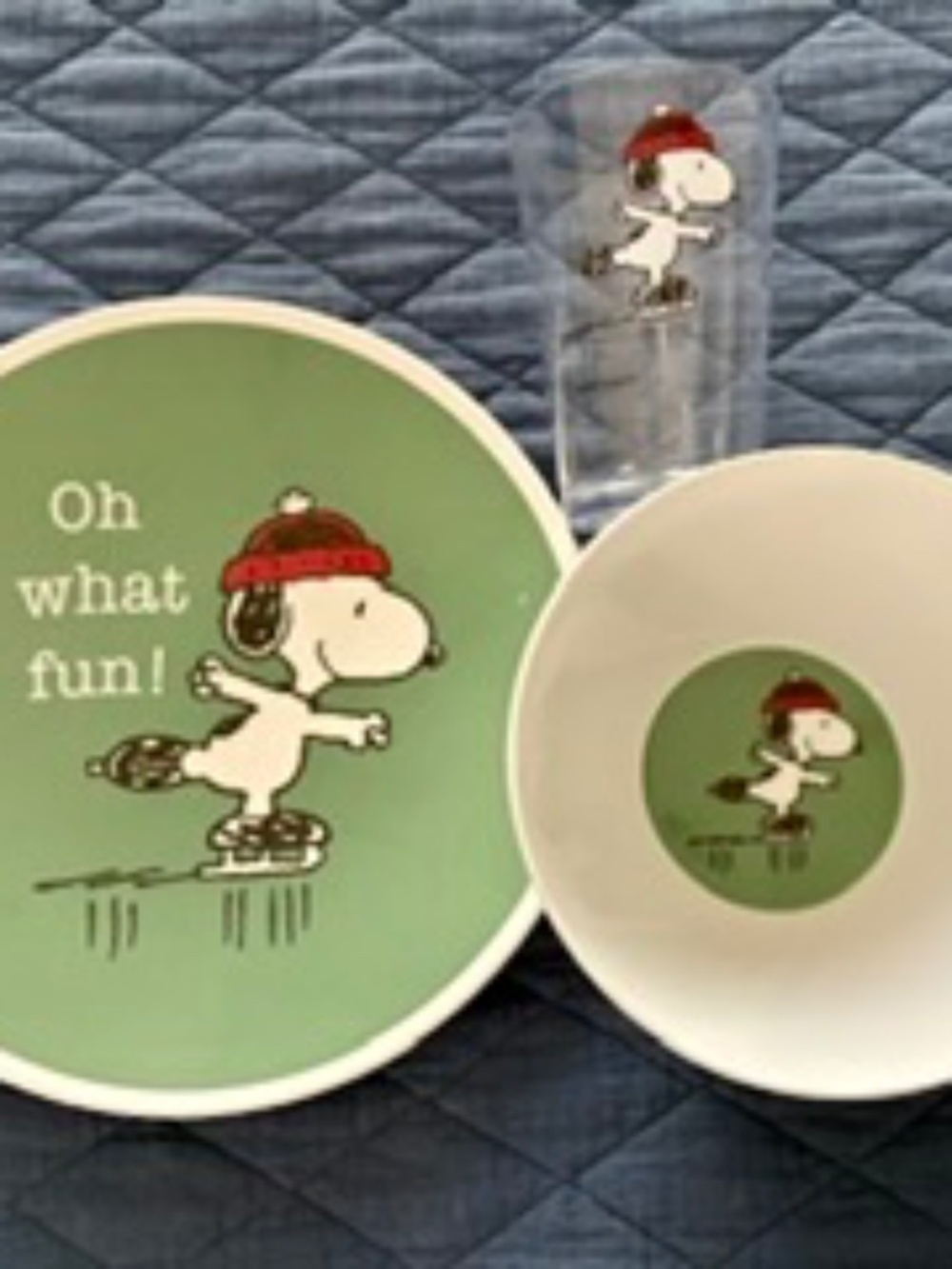 Pottery Barn Kids Retired Snoopy Winter Plate, Cup, & Bowl